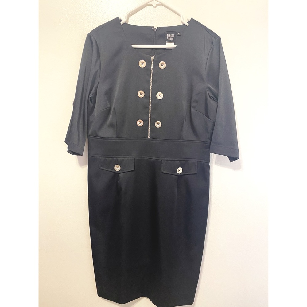 Sharon Young Black Zip Front Dress Womens Size 10 half sleeves